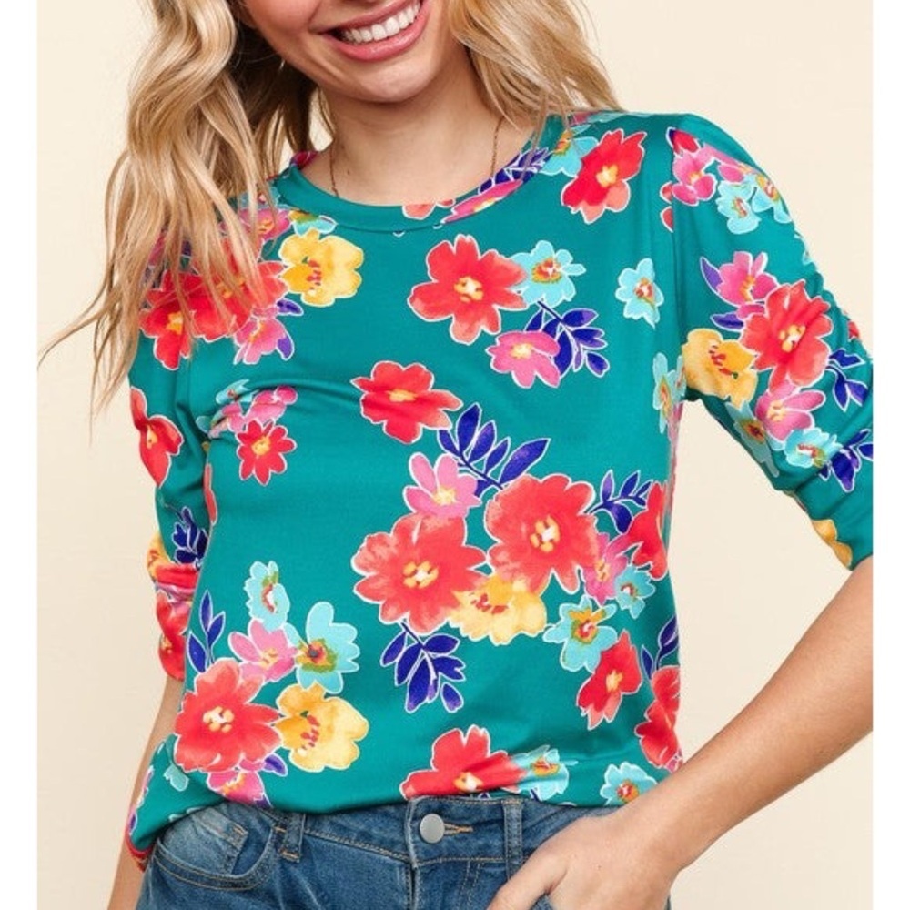 HAPTICS The Coastal Garden Shirred Sleeve Knit Top Summer Teal Botanical S, M, L - Picture 2 of 4
